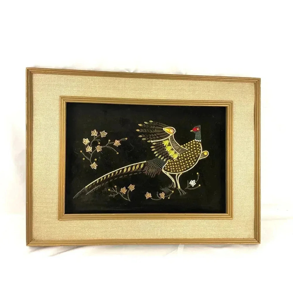 VTG Pheasant Bird Black Velvet Felt Beaded Rhinestones Art Wooden Frame MCM